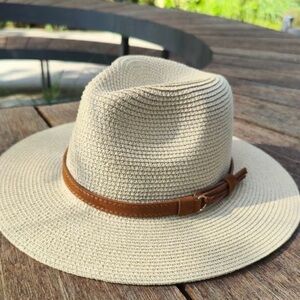 Wide Brim Straw Fedora with Brown Leather Band